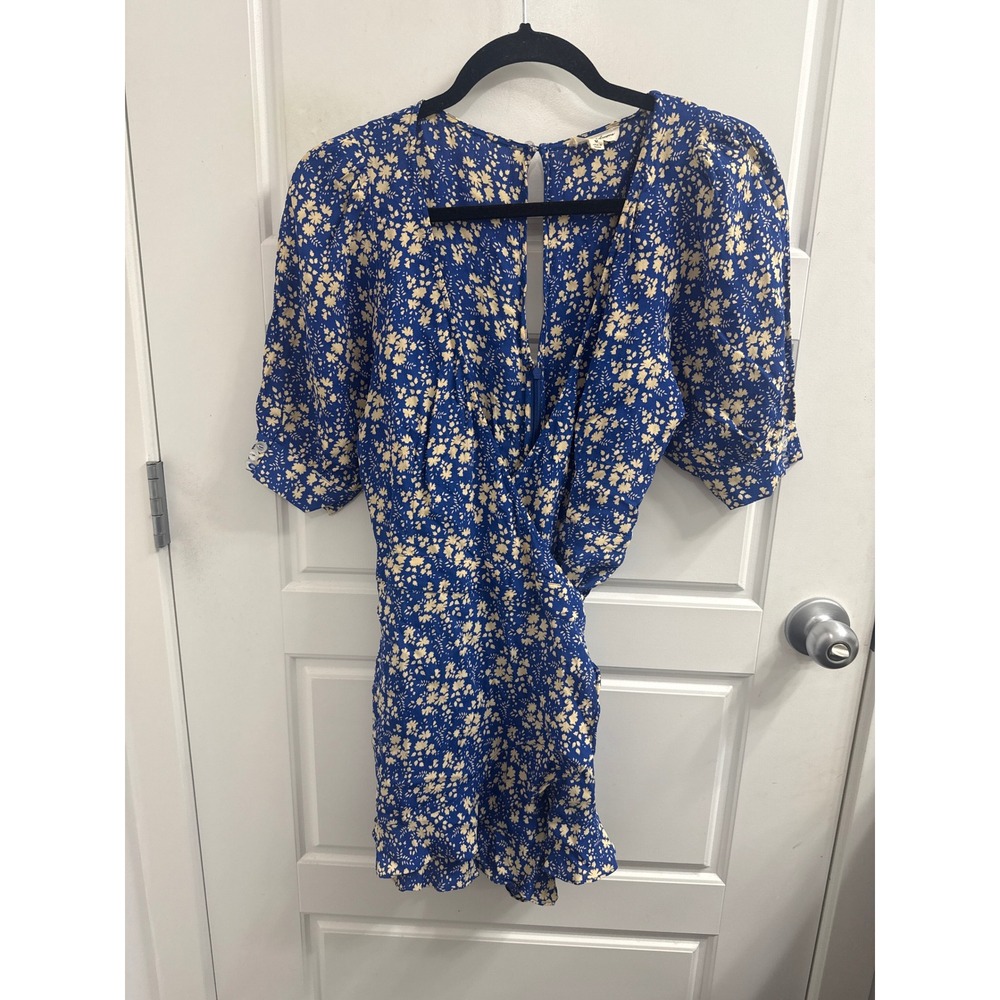 For Love & Lemons Blue Floral Wrap Romper Puff Sleeve Ruffle Hem Medium